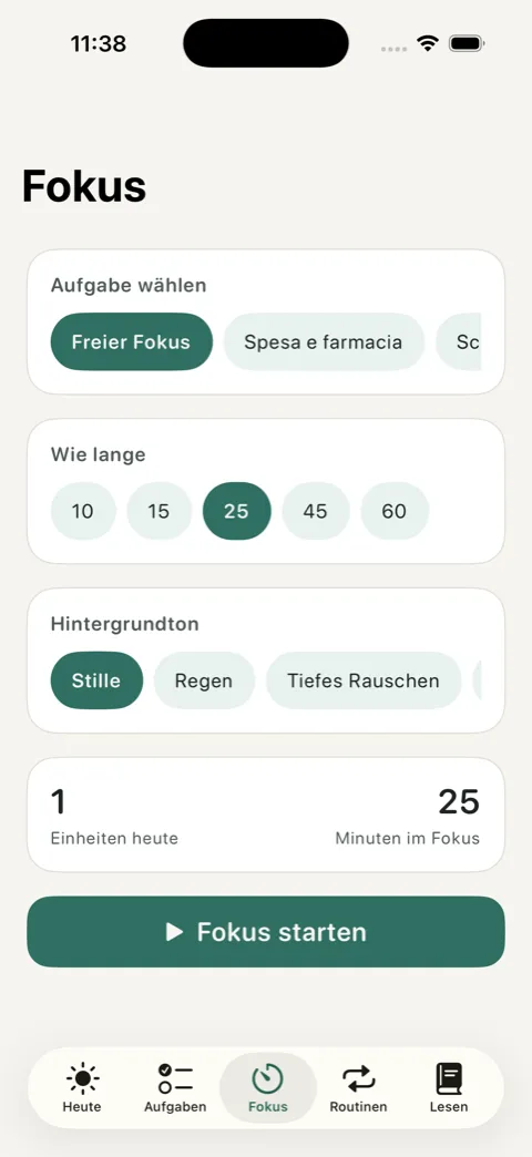 OurDaily Bildschirm Fokus mit rundem Timer und Auswahl der Dauer