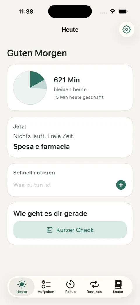 OurDaily Bildschirm Heute mit sichtbarer Uhr, verbleibenden Minuten und schnellem Notieren