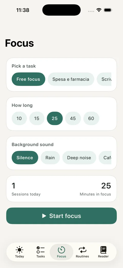 OurDaily Focus screen with the circular timer and the duration picker