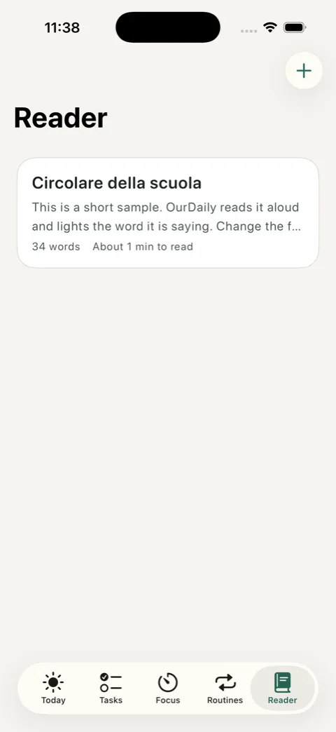 OurDaily Reader screen with a saved text and the estimated reading time