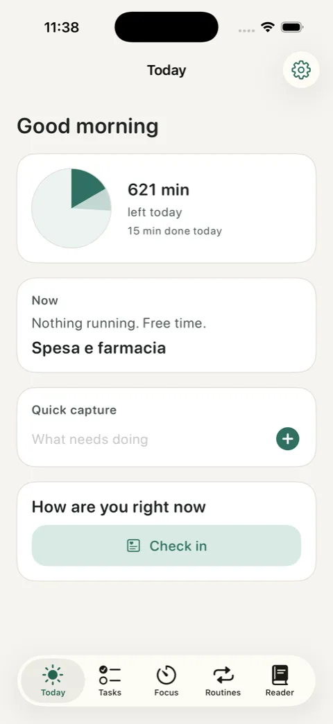 OurDaily Today screen with the visual clock, minutes left and quick capture