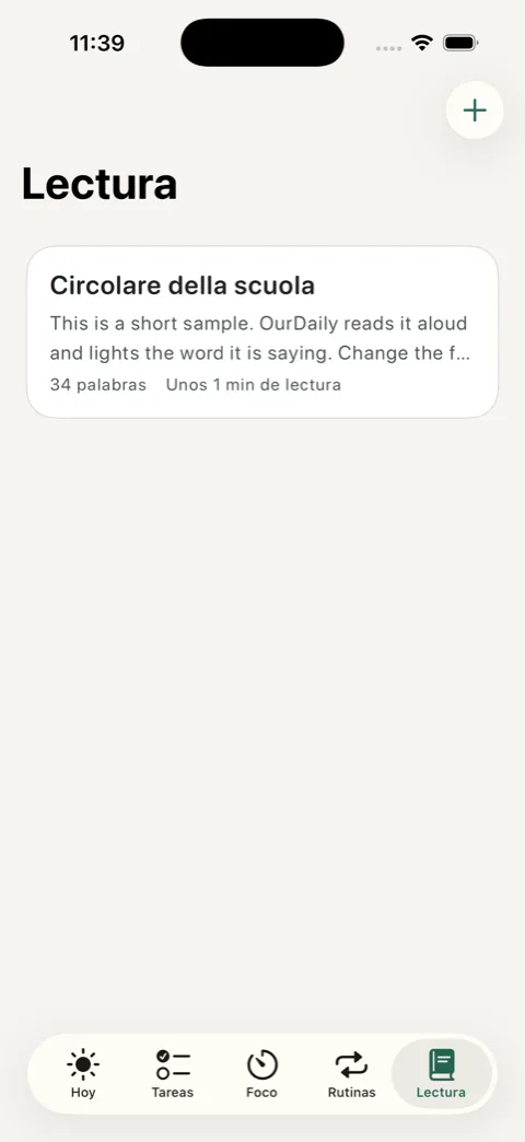 Pantalla Lectura de OurDaily con un texto guardado y el tiempo de lectura estimado