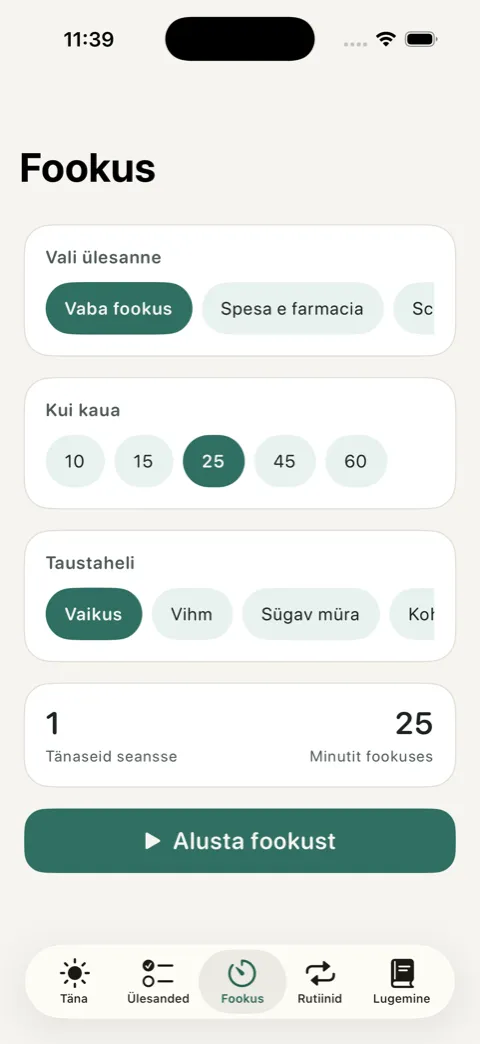 OurDaily fookuse vaade ümmarguse taimeri ja kestuse valikuga