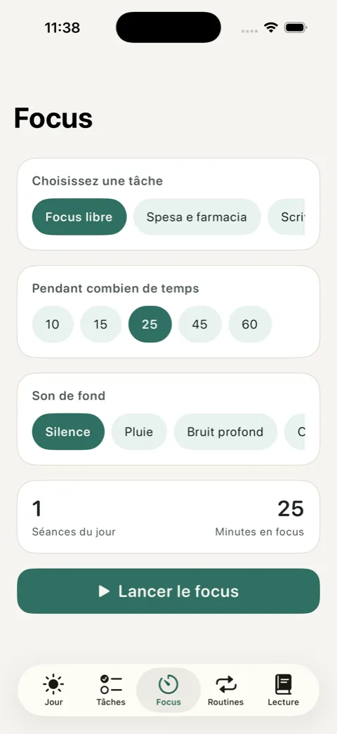 Écran Focus de OurDaily avec le minuteur circulaire et le choix de la durée