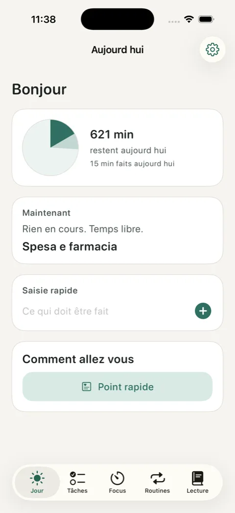 Écran Jour de OurDaily avec l'horloge visuelle, les minutes restantes et la saisie rapide