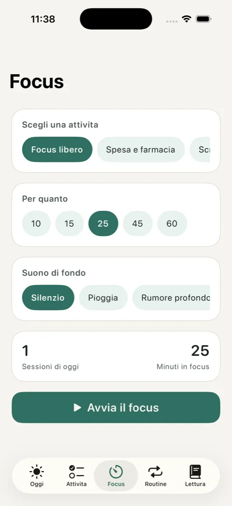 Schermata Focus di OurDaily con timer circolare e scelta della durata