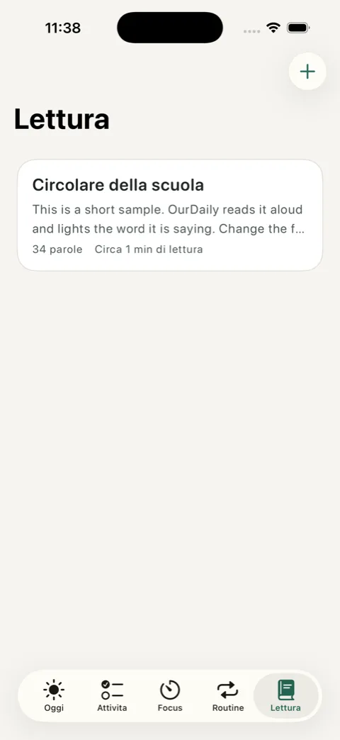 Schermata Lettura di OurDaily con testo salvato e tempo di lettura stimato