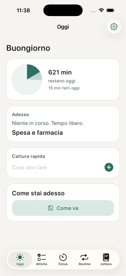 Schermata Oggi di OurDaily con orologio visivo, minuti rimasti e cattura rapida